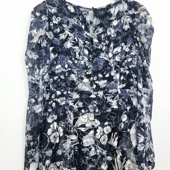 Marchesa Notte Floral-Print Tiered Midi Dress in Navy 14 - Picture 10 of 12